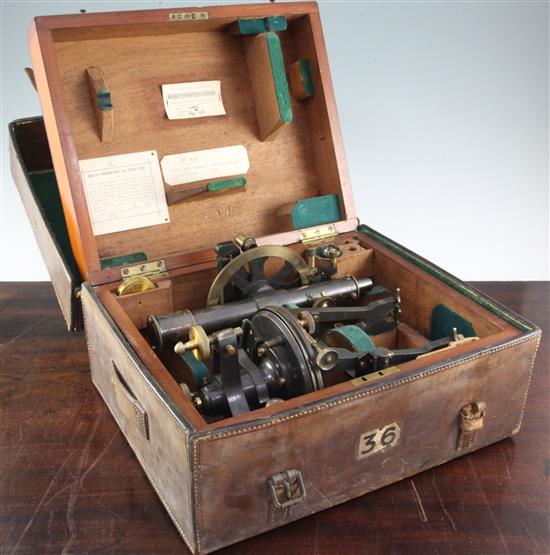 An early 20th century patinated and lacquered brass theodolite, overall 15in.